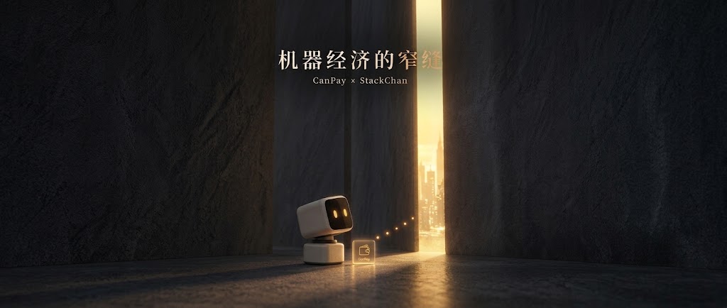 StackChan stands before a CanPay wallet cube, facing a narrow opening of light