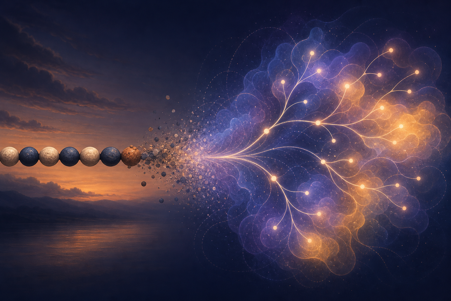 A discrete token chain dissolving into a continuous latent reasoning field